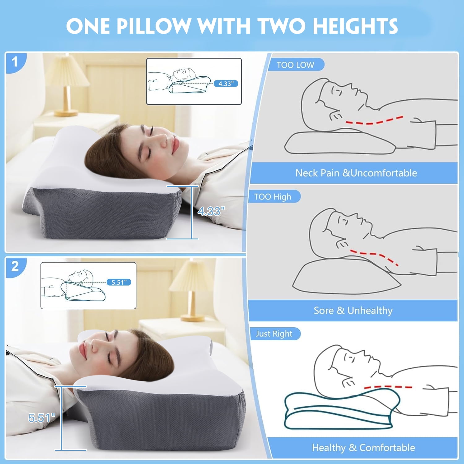 MOONORAH Cervical Memory Foam Pillow Neck Bed Pillow for Pain Relief Sleeping, Ergonomic Orthopedic for Side Back and Stomach Sleepers with Breathable Pillowcase, Queen Size 25" x 16.5" x 5.5" Gray