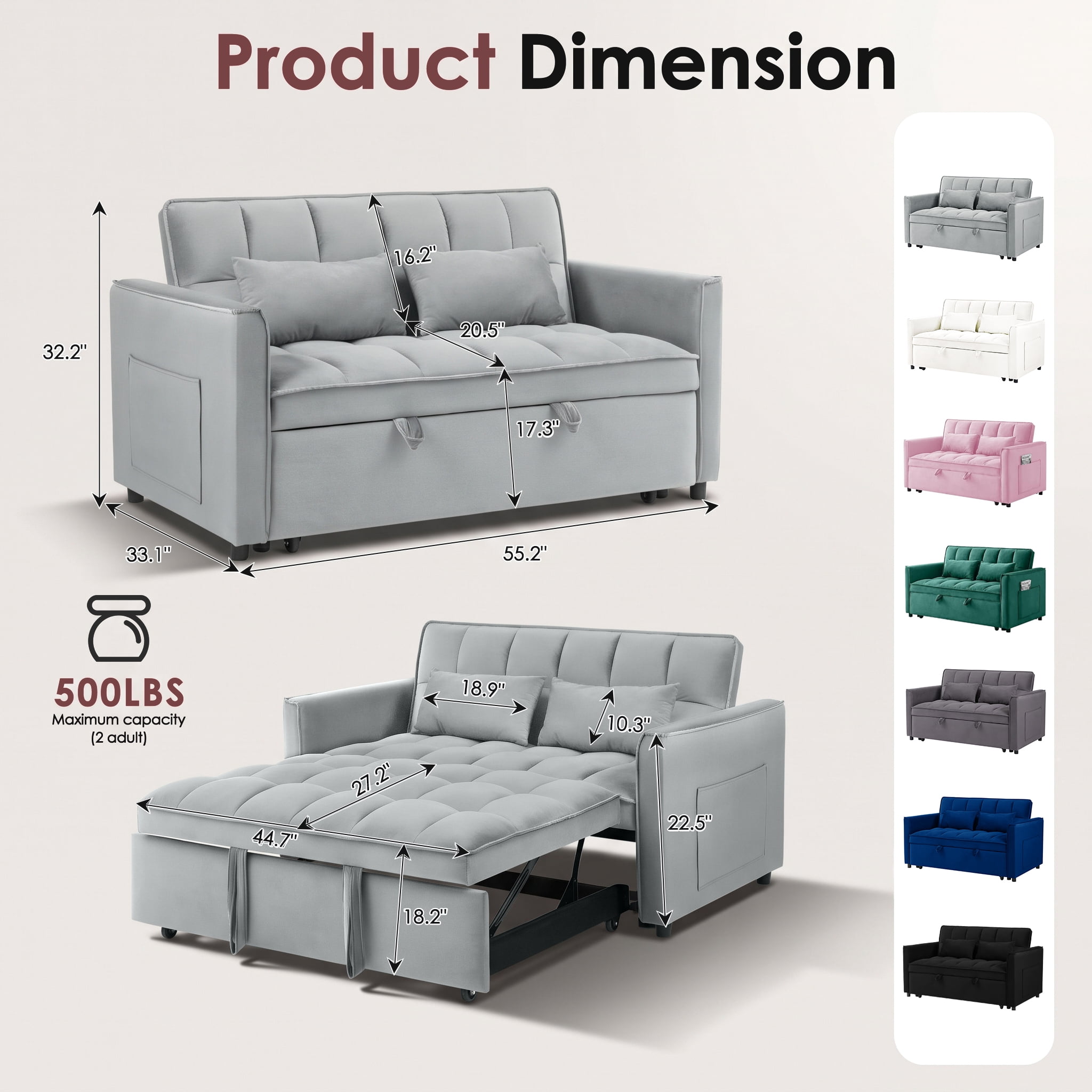 ShiKeyi 54" Corduroy Convertible Sofa Bed, 3 in 1 Pull Out Sleeper Sofa, Loveseat Couch with Storage Pocket, Light Gray