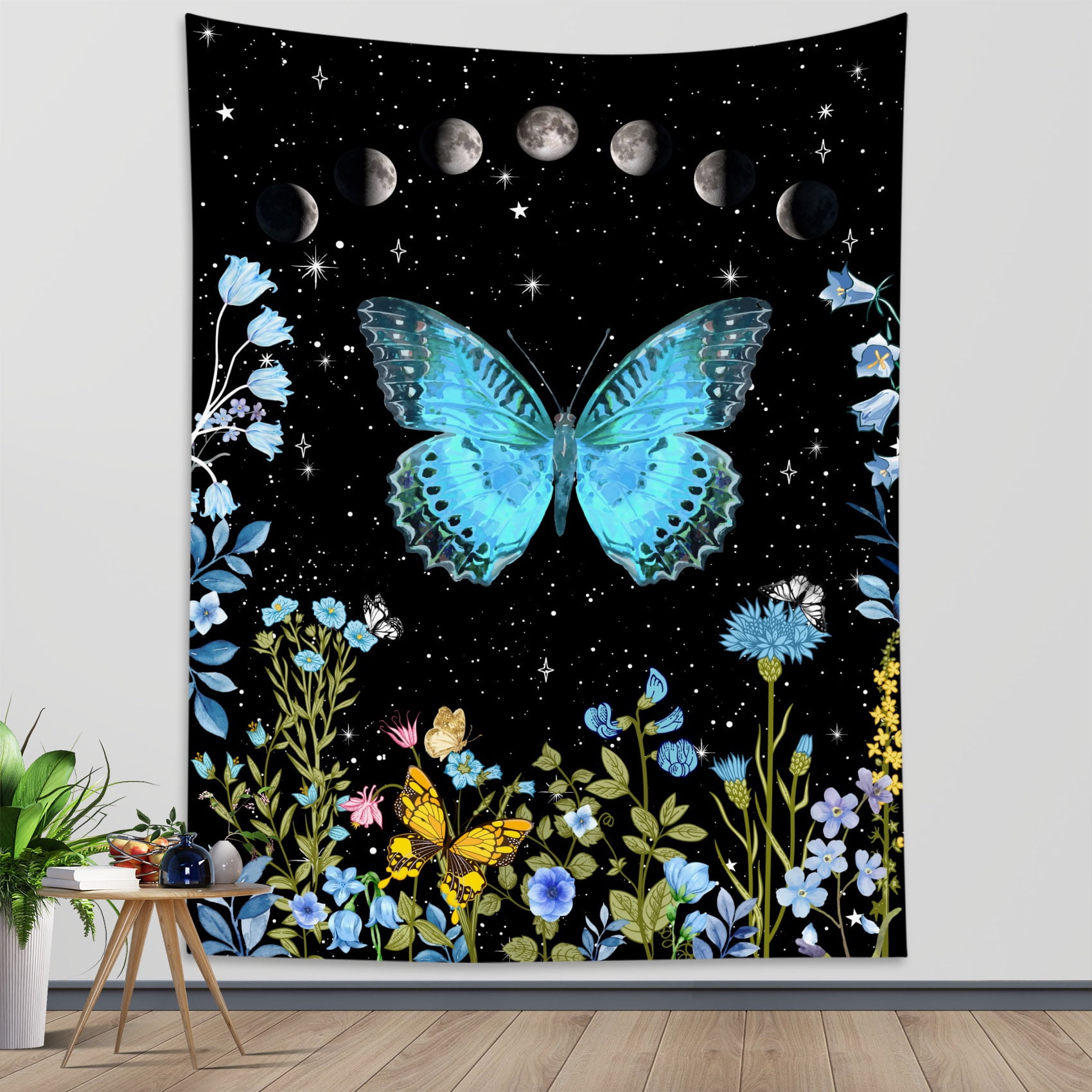 HVEST Trippy Butterfly Tapestry Teal Butterflies Plant Floral Colorful Psychedelic Tapestries Aesthetic Moon Phase Wall Hanging for Living Room