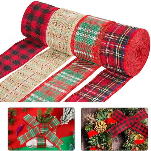 Cinta de yute roja de Navidad, rollo de cinta a cuadros de búfalo, borde reforzado con alambre, cinta para envolver regalos para decoración de corona navideña, 4 Uds.