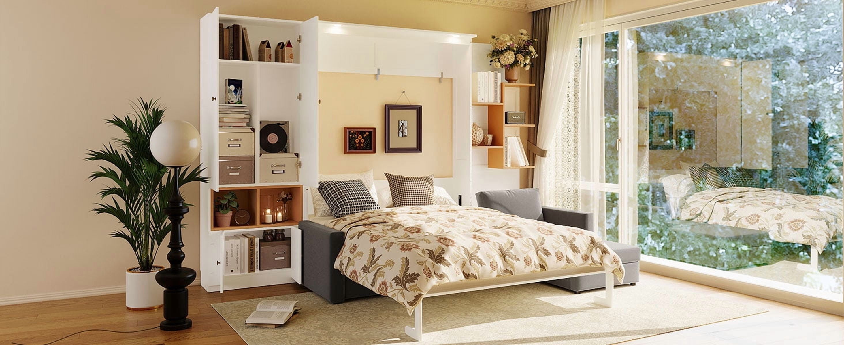 Mintazer Queen Size Murphy Bed with L-Shaped Sofa & Storage, Modern Folding Wall Bed with Lights & Cabinets for Home Office, White & Gray