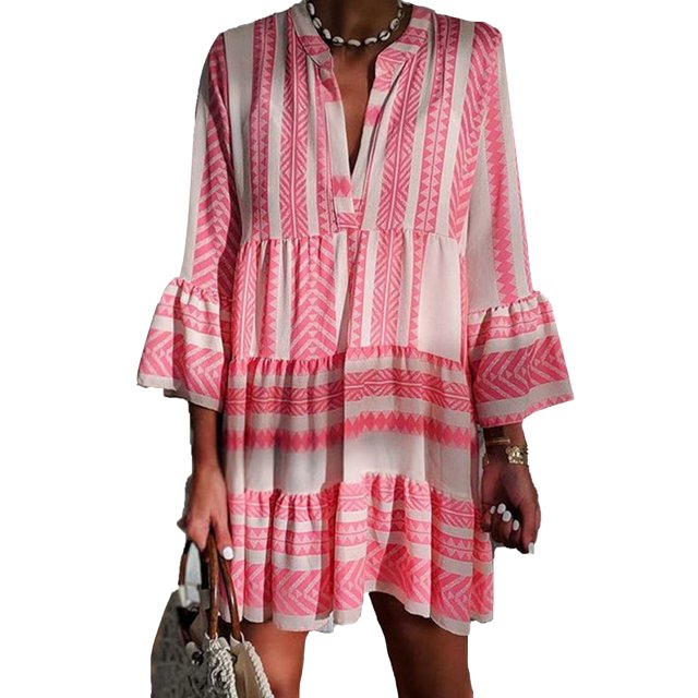 Innerwin Mini Robes Col en V Femmes Robe Courte Fête Longue Ample Été Plage Robe d'Été Blanc Rose m