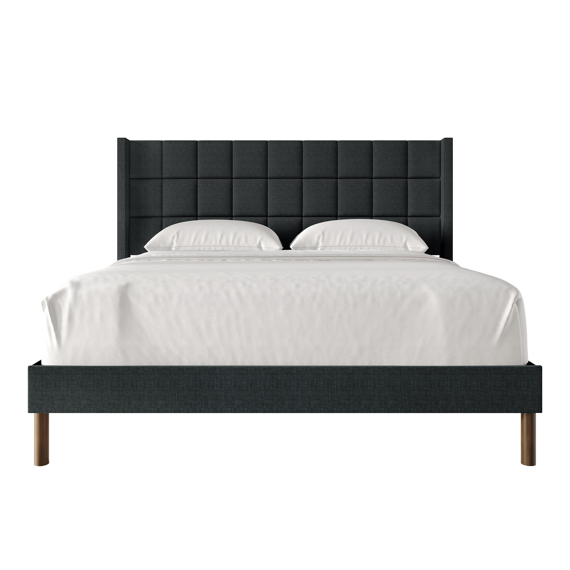 Castle Place Square Grid Stitched Linen Wingback Twin Platform Bed, Charcoal Grey