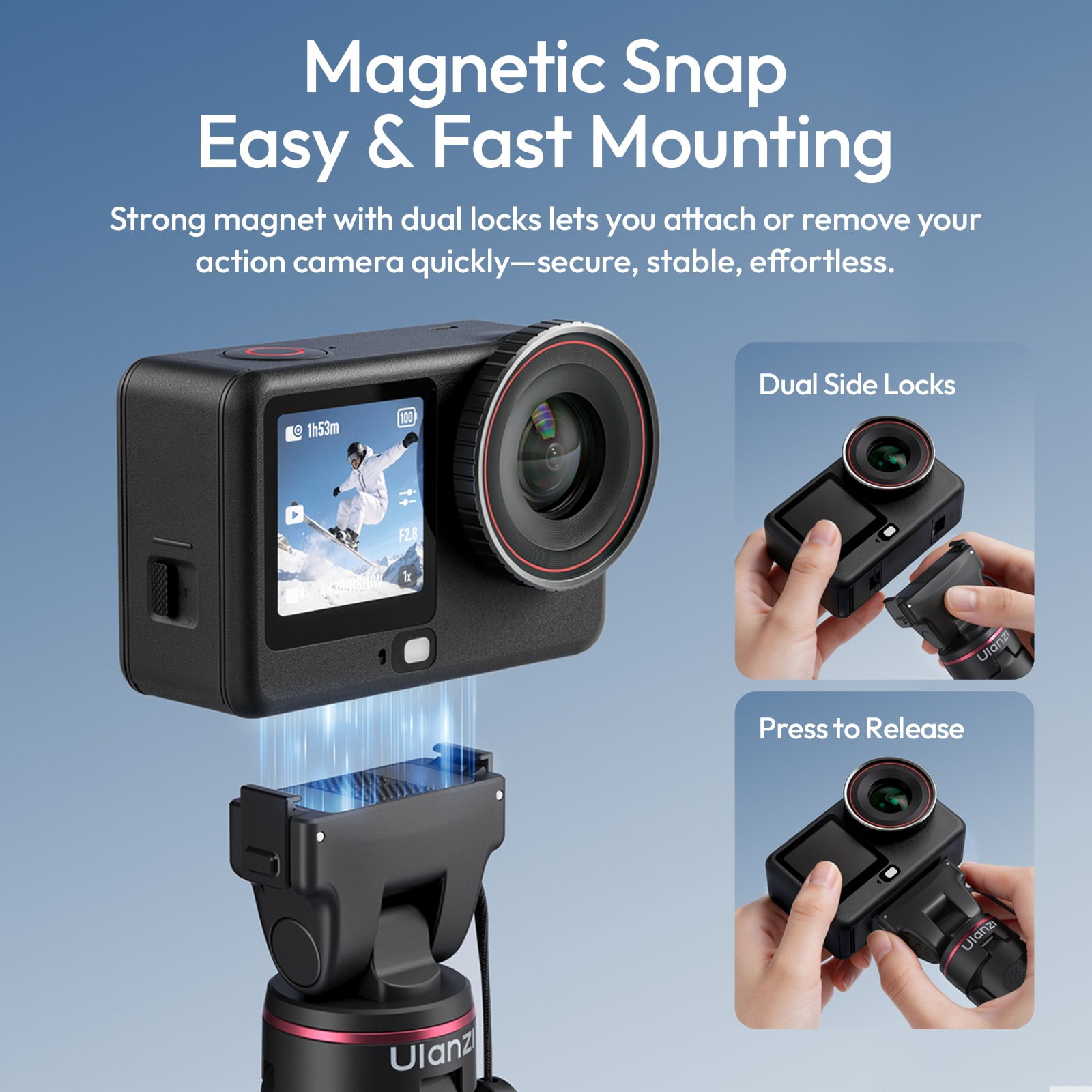 Ulanzi MT99 Mini Tripod Selfie Stick for Action Cameras, Magnetic Mount Portable Vlogging Grip with Extendable Tripod Stand