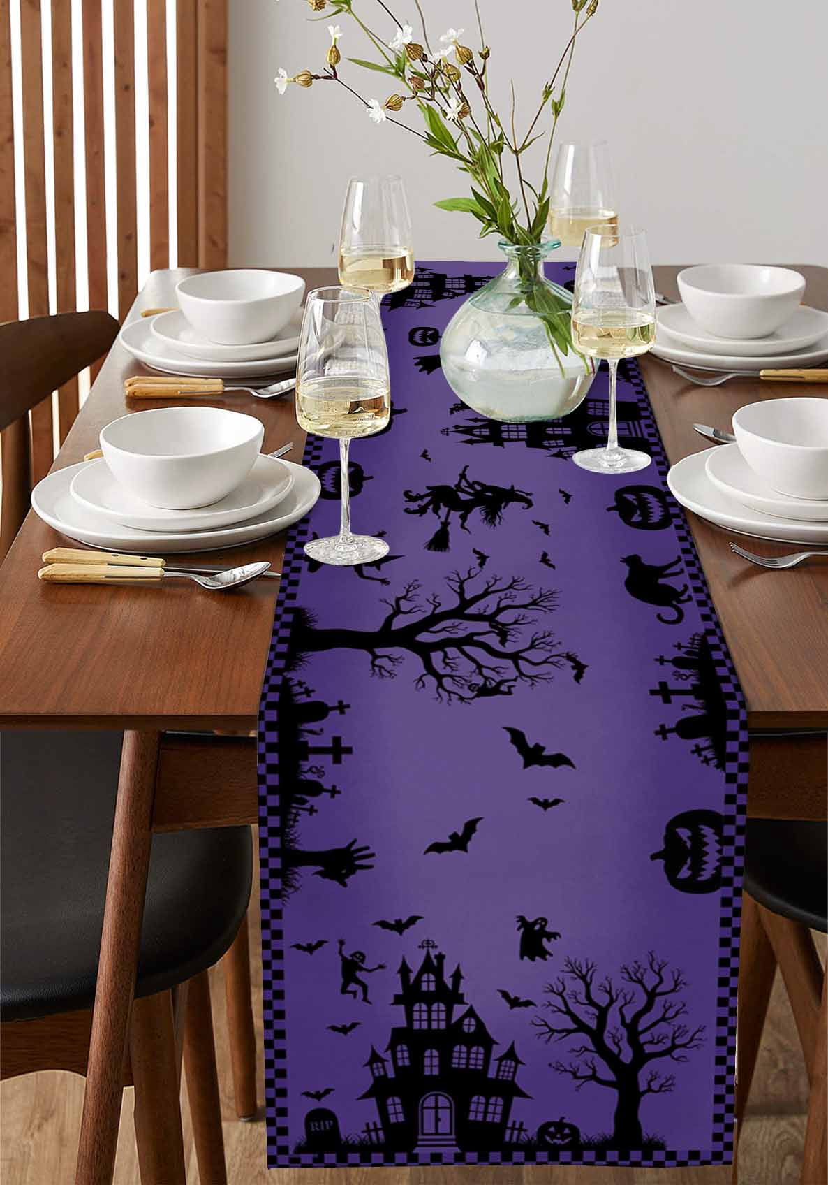 Halloween Purple Table Runner 36 Inches, Spooky Ghost Castle Pumpkin Plaid Bed Runner Dresser Scarves Tabletop for Indoor Outdoor Parties/Ceremony/Banquet, 13"x 36"
