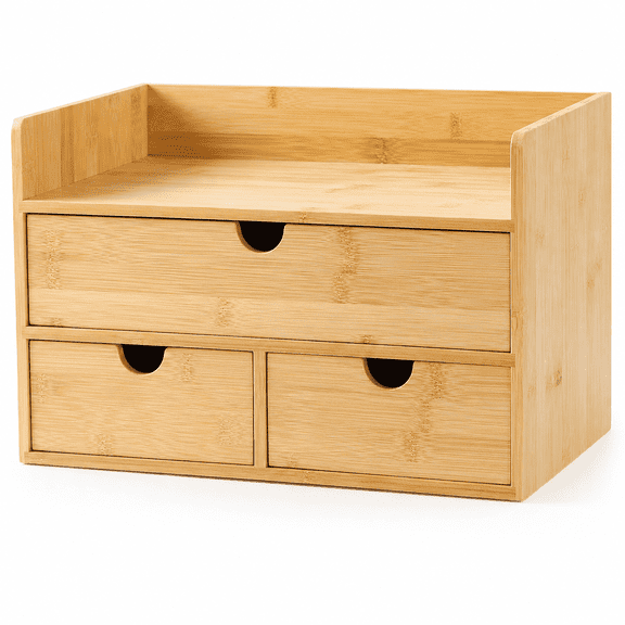 Bamboo Desk Organizer with Drawers, 3-Tier Desktop Storage Box with Open Top Shelf, No Assembly Required for Office, Vanity, Bathroom - Natural Countertop Organizer
