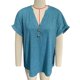 thumbnail image 1 of Top con botones y cuello en V para mujer, blusa holgada informal elegante de Color liso, camisa de manga corta para trabajo de oficina, verde lago M, 1 of 3