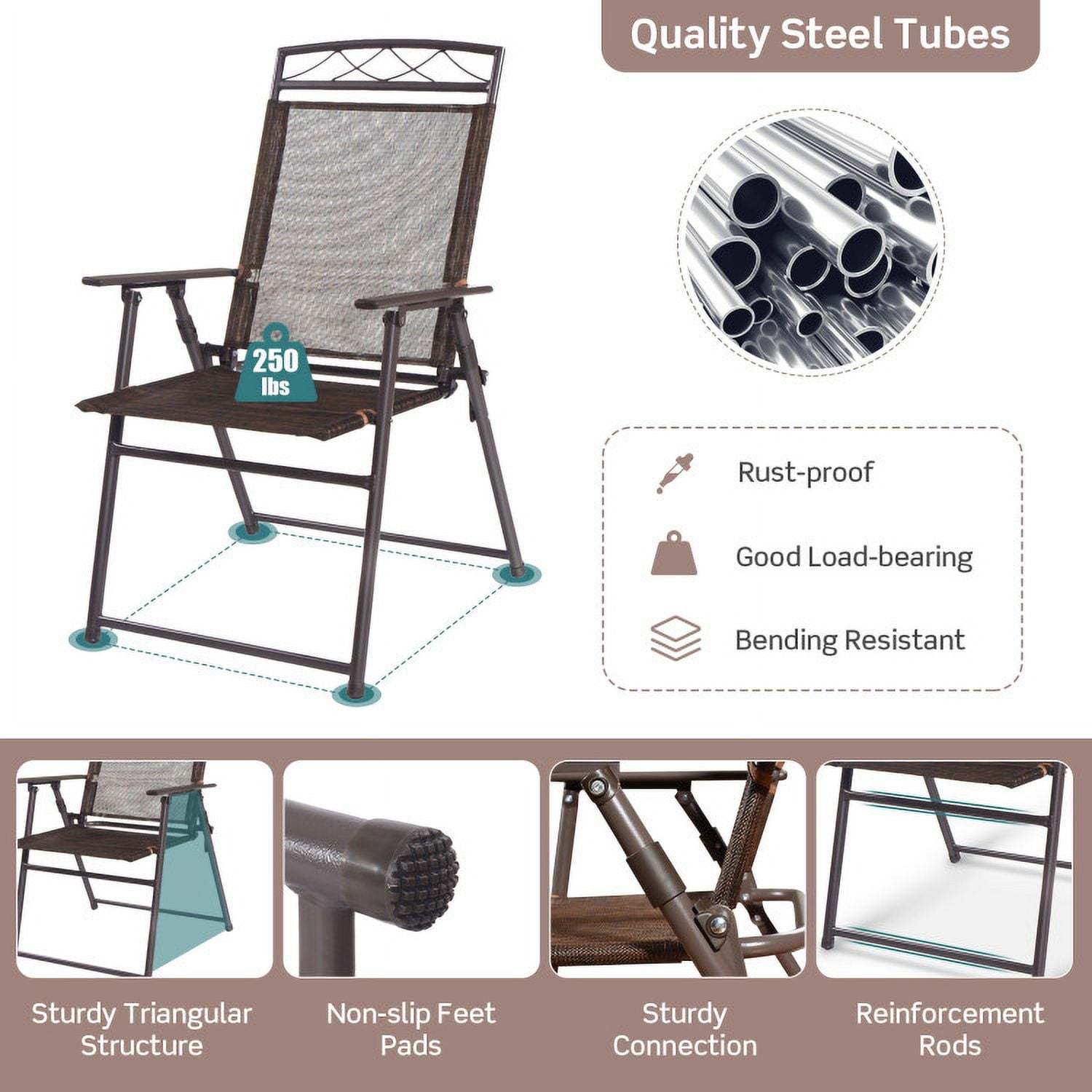 Aimee Lii Set of 4 Patio Folding Sling Chairs Steel Camping Deck, Outdoor Furniture