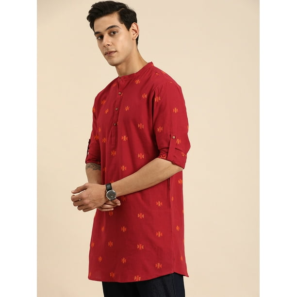 Anouk - By Myntra Men Party WearLong Sleeve Above Knee Red & Yellow Woven Design Pure Cotton