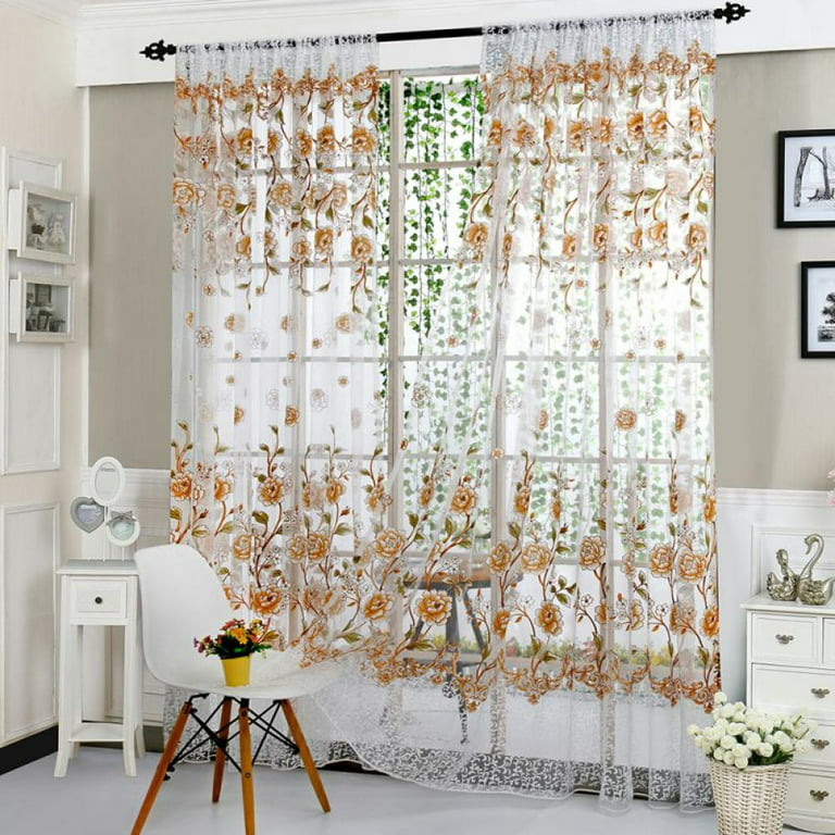 French Window Curtain Tulle Room Printed Peony Sheer Curtains Panels Bedroom Kitchen Home Decoration 39 37x78 74inch Brown Com