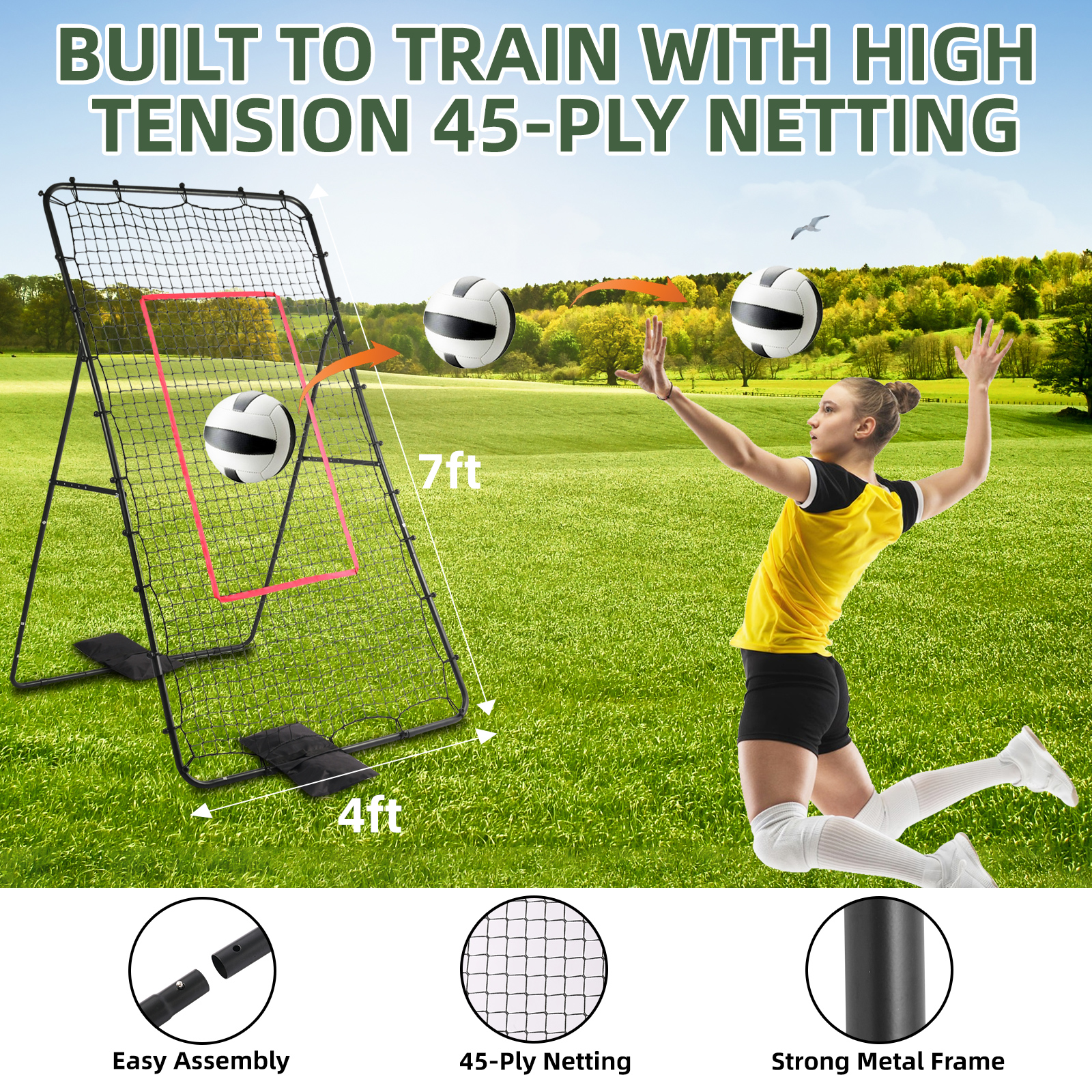 Volleyball Rebounder Net, 7x4ft Baseball Lacrosse Soccer Rebound Pitchback Net, Bounce Back Training Equipment with Angle Customization for Practicing Volleying, Bumping, Spiking