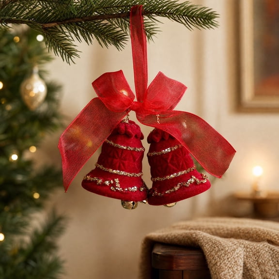 Miwamany Red Flocked Christmas Bells Ornament, Velvet Hanging Pendant with Bow, Xmas Tree Decor for Indoor Fireplace Home Party, Festive Decoration