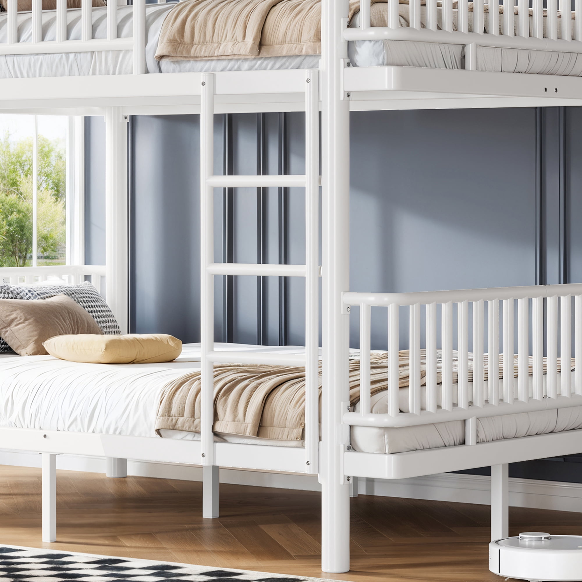 Queen over Queen Bunk Bed with Ladders and Guardrails, Metal Bunk Bed Frame Convertible into 2 Separate Platform Beds for Bedroom All Ages, No Box Spring Needed, White