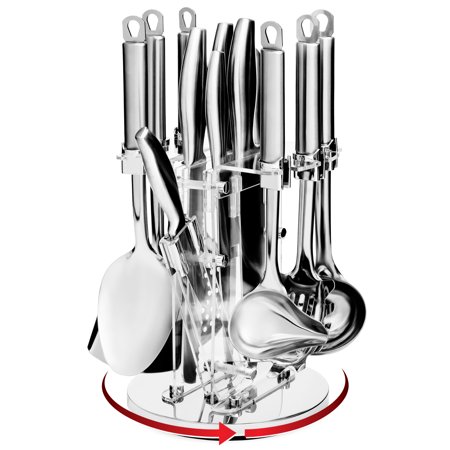 Best Choice Products 13-Piece Home Kitchen Stainless Steel Cooking Tool Utensils w/ Knife Set, Sharpener, Rotating Display Stand - (Best Gadgets For Kids)