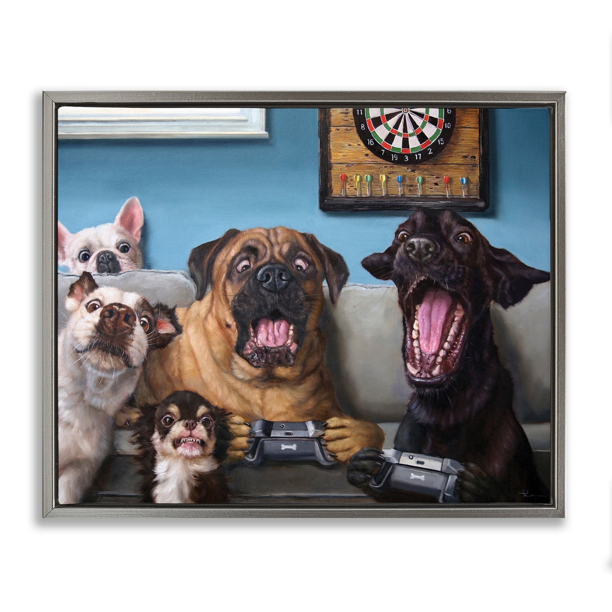 Stupell Industries Funny Dogs Playing Video Games Livingroom Pet Portrait Luster Gray Framed Floating Canvas Wall Art, 16x20, by Lucia Heffernan