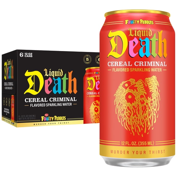 Liquid Death, Cereal Criminal, Fruitty Pebbles-Flavored Sparkling Water, 6-Pack (12oz Cans), Low Sugar, Huge Flavor & No Artificial Sweeteners