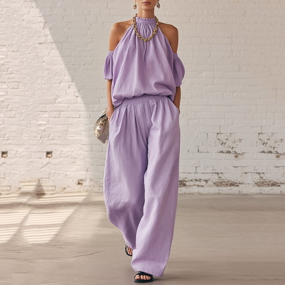 LEAVINGSUO Two Piece Sets for Women Plus Size Fashion Women Round-Neck Short Sleeve And Long Pants Solid Casual 2PC Sets Purple S