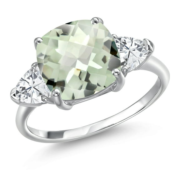 Gem Stone King 10K White Gold Green Prasiolite and White Zirconia Engagement Ring for Women | 5.29 Cttw | Cushion Checkerboard 10MM | Gemstone Birthstone | Size 5