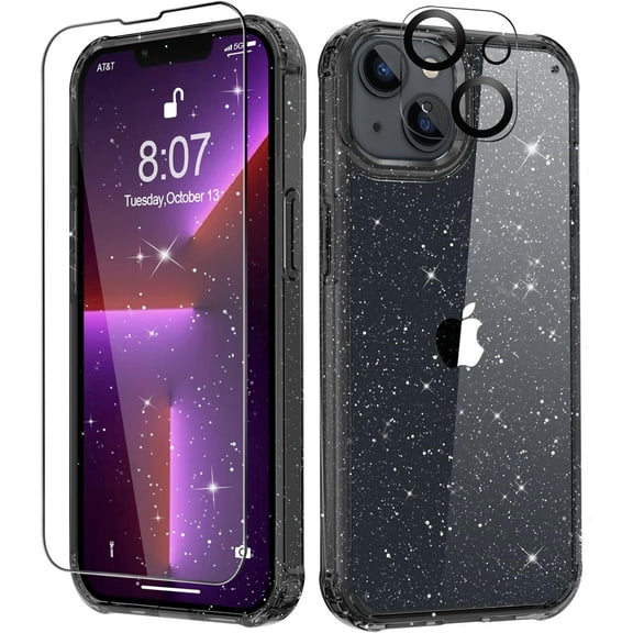 for iPhone 13 Case with Screen Protector Camera Lens Protector, Clear Glitter Shockproof Protective Phone Case, Non Yellowing for Women Girls iPhone 13 Cover 6.1 inch 2021 - Clear Black