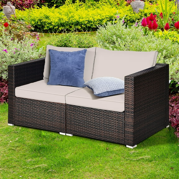 Gymax 2PCS Rattan Corner Sofa Set Patio Outdoor Furniture Set w/ 4 Blue Cushions
