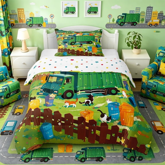 Castle Fairy Cartoon Garbage Truck Twin Comforter Sets 3-Piece for Teens, Playful Cat Party Bedding Set for Bedroom, Green Blue Orange