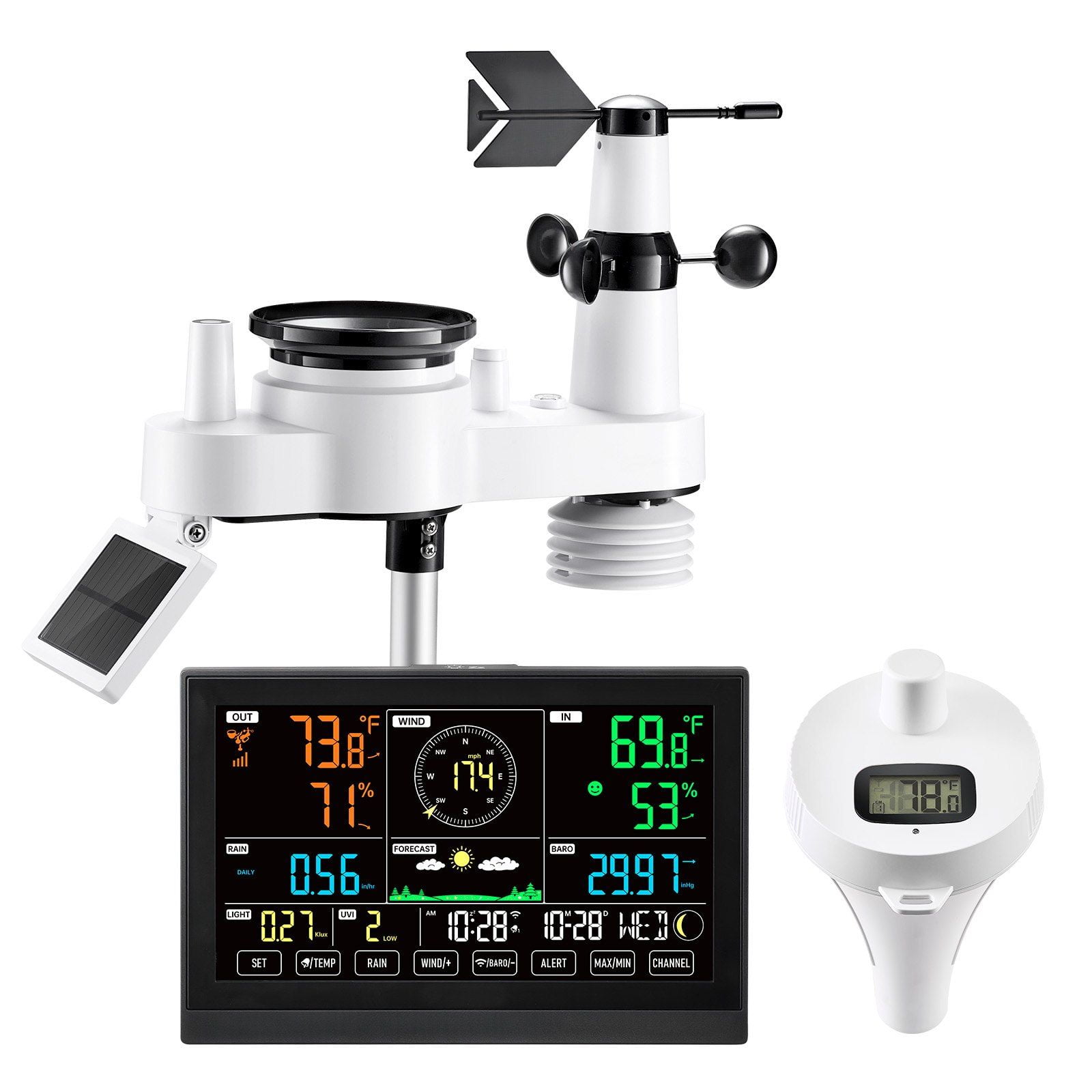 Solar 7-in-1 Wireless Weather Forecast Station, 7.5" Display, Pool Temp, Rain Gauge & Wind Speed