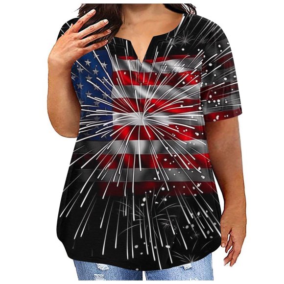 LMKIHUSA Dressy Patriotic Shirts for Women Happy Independence Day Graphic Print Blouses Short Sleeve V Neck Button Down Tops Casual Loose Summer Tees Blue,XXXL