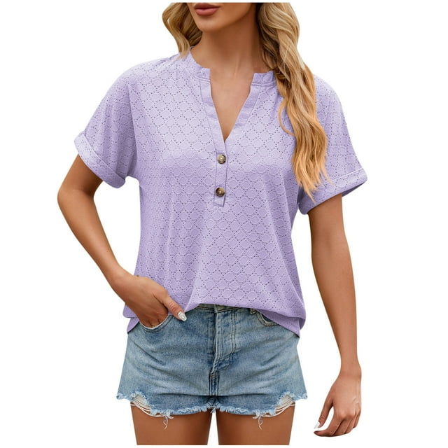 Timegard Hauts pour Femmes Été Manches Courtes Col en V Cranté Bouton Illet Chic Décontracté Ample Blouse