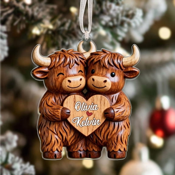 Highland Cow Couple Acrylic Ornament, Personalized Christmas Gift for Couples 2025, Keepsake Gift for Her & Him, Holiday Couple Decor"