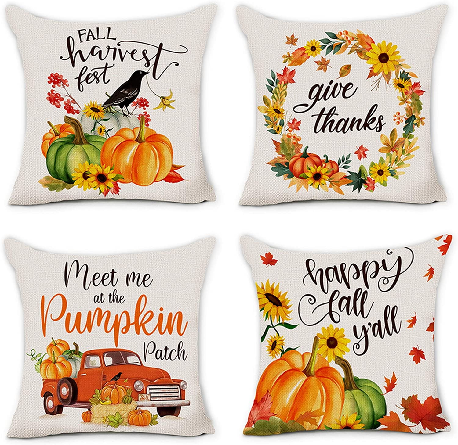 DecorX 18' x 18' Decorative Fall Pillow Covers Set of 4 Farmhouse Pumpkin Truck Sunflowers Orange Decorative Throw Pillow Cover Cushions for Couch Sofa Living Room Outdoor Fall Thanksgiving