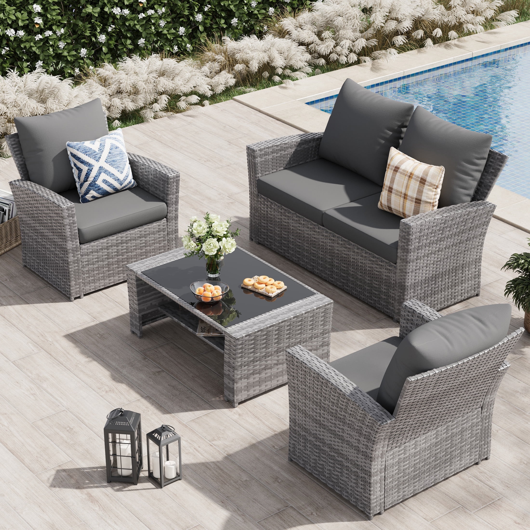 UDPATIO Wicker Patio Furniture Set, 4 Piece Outdoor Sectional Conversation Sets, Gray PE Rattan Patio Sofa Set for Balcony, Backyard, Gray