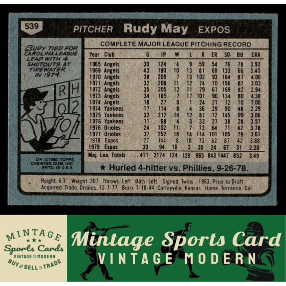 1980 Topps Rudy May #539 Montreal Expos MLB Baseball Card