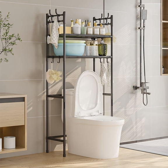 LAMIRO 2-Tier Over The Toilet Storage,Space Saver Bathroom Organizer with Paper Holder,Freestanding Metal Shelf Rack with 8 Hooks for Bathroom Storage