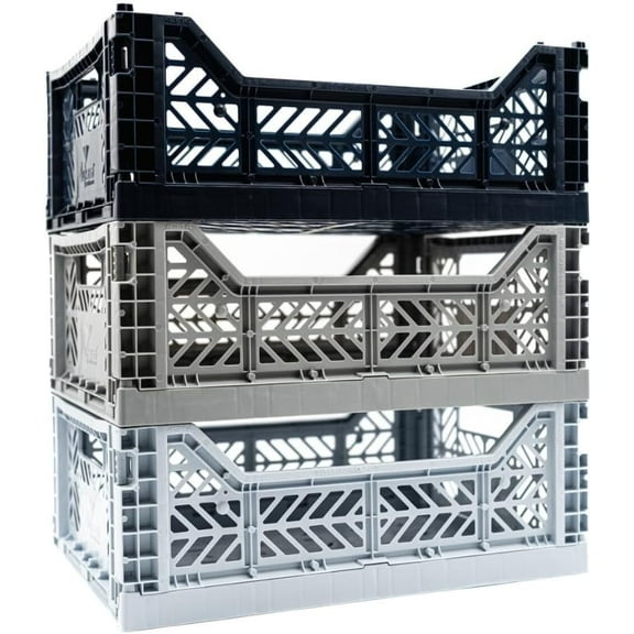 Collapsible Storage Box, Foldable Crate Organizer Bin with Handle, Stackable Crates for Home Organization (Blue-Gray-Navy, 14L - 3 Pack)