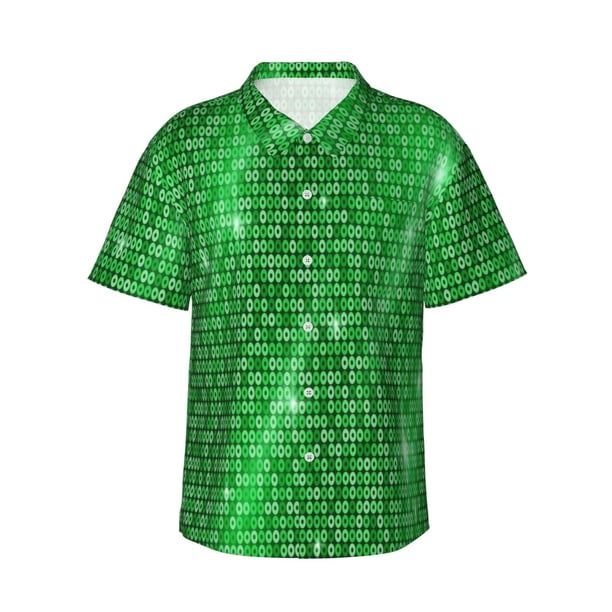 Balery Shiny round green sequins Camisas hawaianas de manga corta para hombre, camisas playeras de corte holgado, camisas de vacaciones con botones,Medium