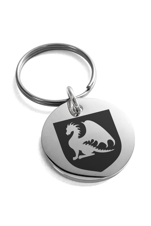 Stainless Steel Dragon Guardian Coat of Arms Shield Engraved Small Medallion Circle Charm Keychain Keyring