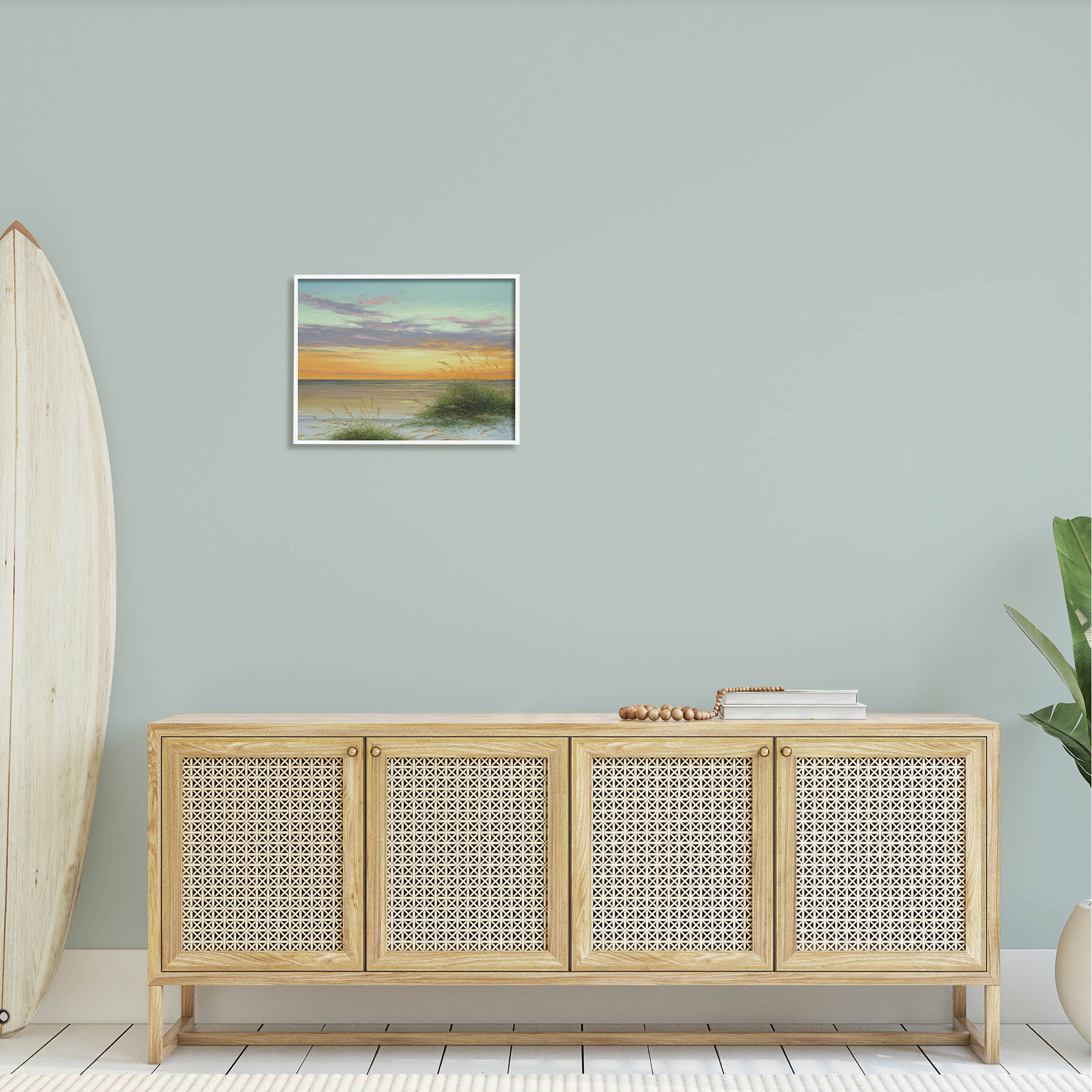 Coastal Reeds Sunset Beach Shore Coastal Painting White Framed Art Print Wall Art