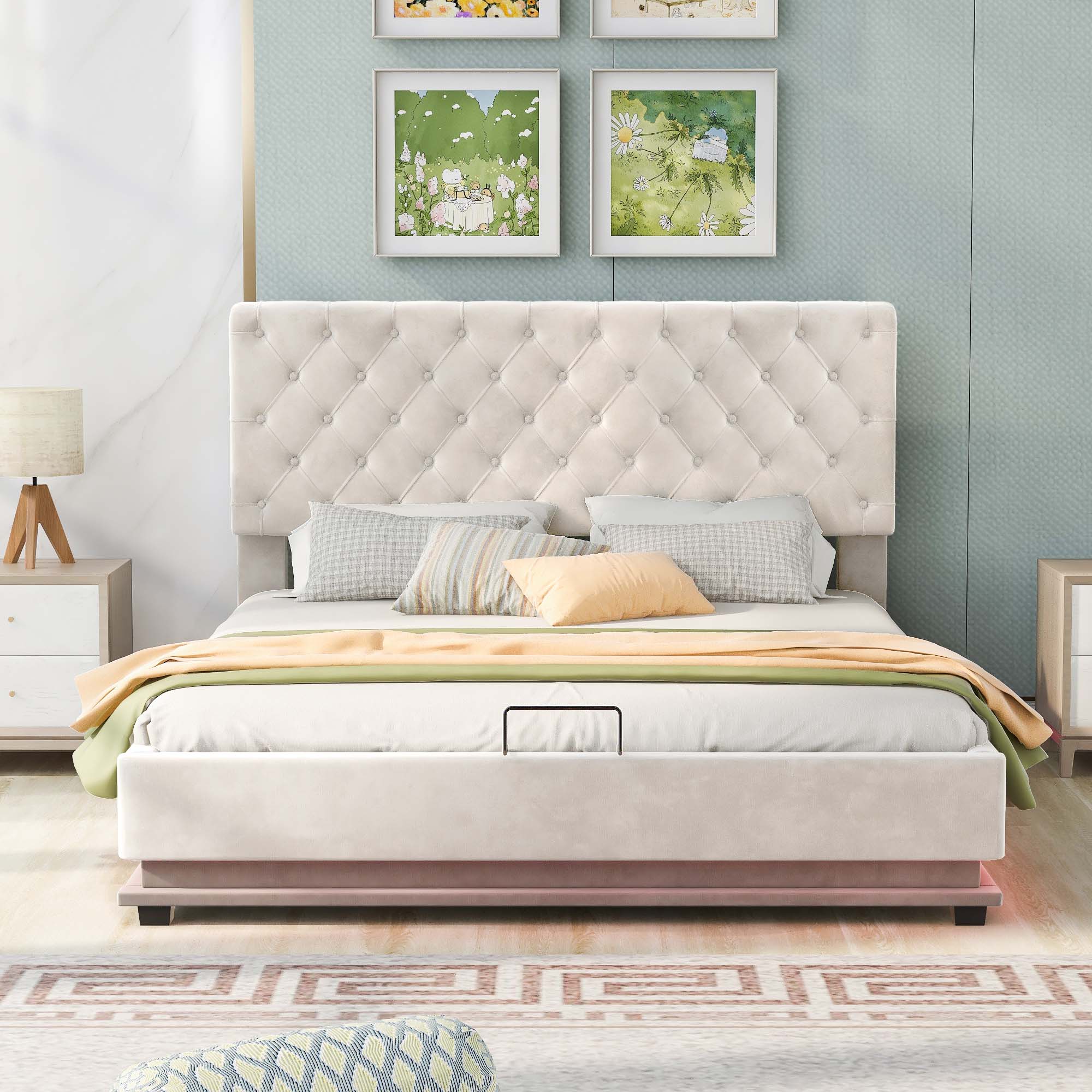 Aukfa Queen Upholstered Platform Bed with LED Light, Lift Up Storage Bed with Hydraulic Storage System - Beige