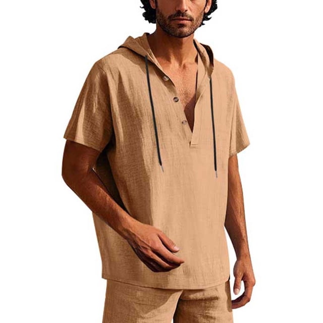 pstuiky camisetas de hombre, Blusa de lino con capucha y manga corta para hombre, color liso, con botones y cordón ajustable camisas casuales para hombre xl