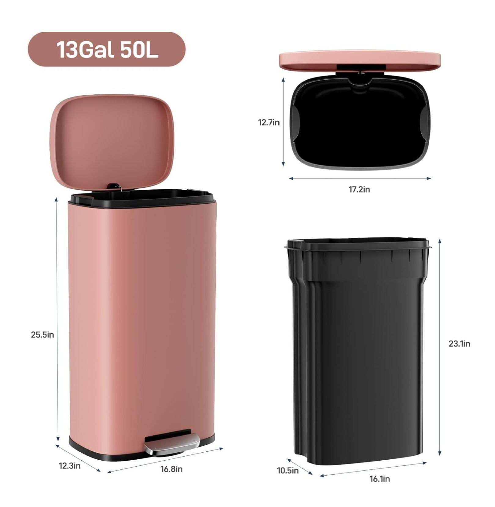 8/13.2 Gallon Step Trash Can, Stainless Steel Garbage Bin, Soft-Close Rubbish Bin with Removable Plastic Inner Bucket, Fingerprint-Proof, Lid Dustbin, Suit for Kitchen Home (Pink, 50L)