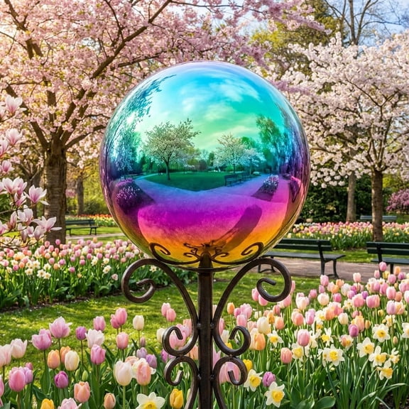 30cm/12 inch Garden Sphere Mirror Gazing Ball, Rainbow Stainless Steel Polished Reflective Smooth Hollow Ball, Colorful Shiny Decorations for Garden Yard Home