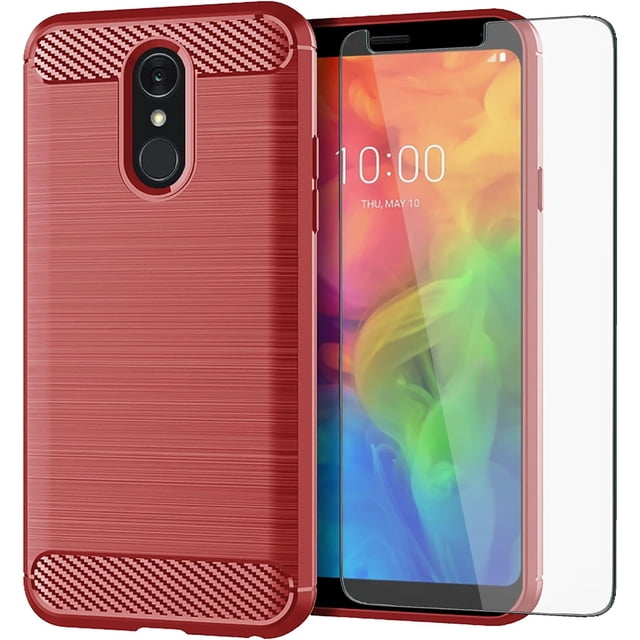 MYKOMI Phone Case for LG Q7 Q7+ Plus 7Q Alpha with Tempered Glass Screen Protector Cover and Slim Thin Soft TPU Mobile Rugged Cell Accessories Protective LGQ7+ Q7plus Q7a Women Men Carbon Fiber Red