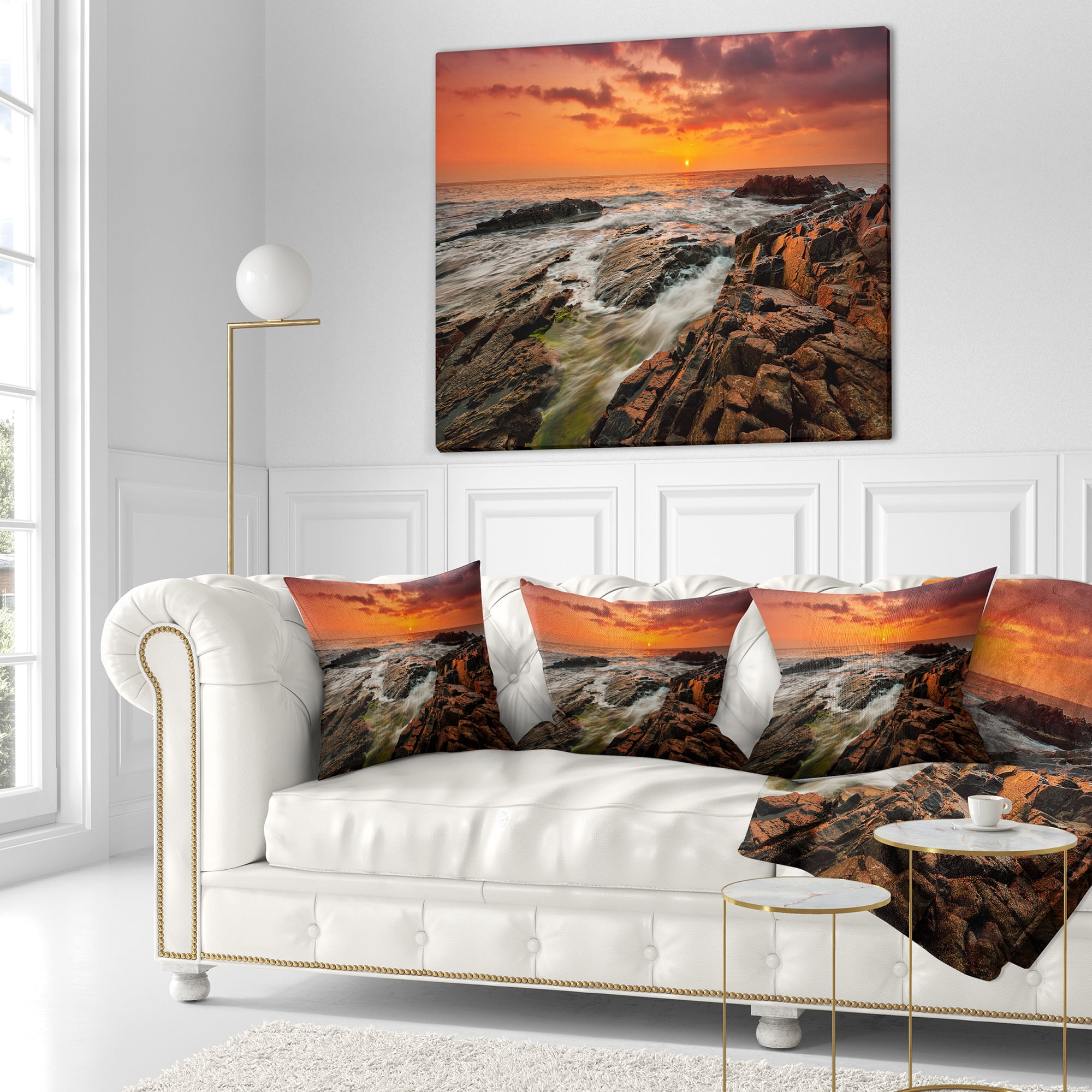 Designart Stormy Waves Rushing Into Rocks - Beach Photo Throw Pillow - 18x18