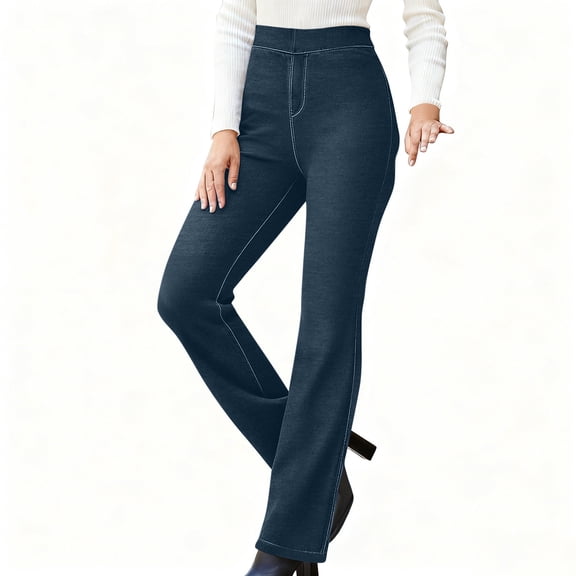 Juslio Women Jeans Stretchy Faux Jean Flare Jeans High Waist Pocket Casual Dark Blue Jeans
