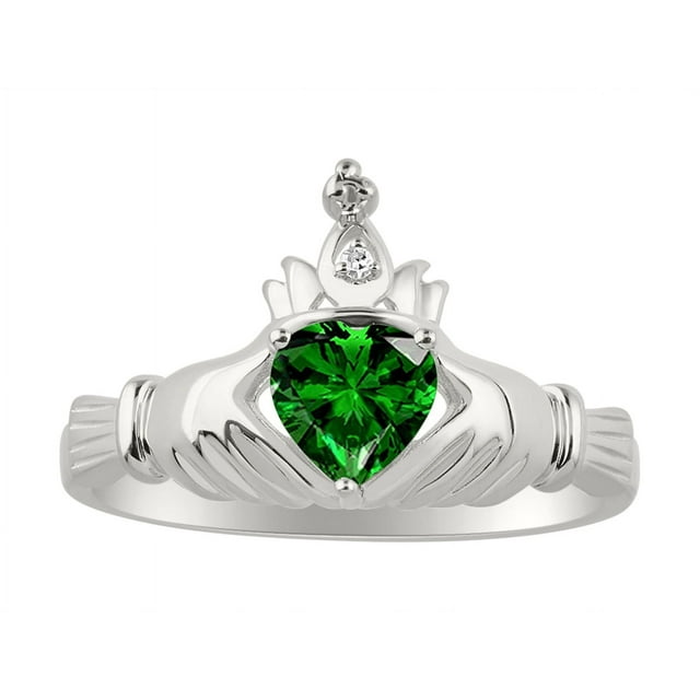 RYLOS Rings Sterling Silver Claddah Love, Loyalty & Friendship Ring Heart 6MM Gemstone & Diamond Claddagh Rings May Emerald Jewelry Size 12