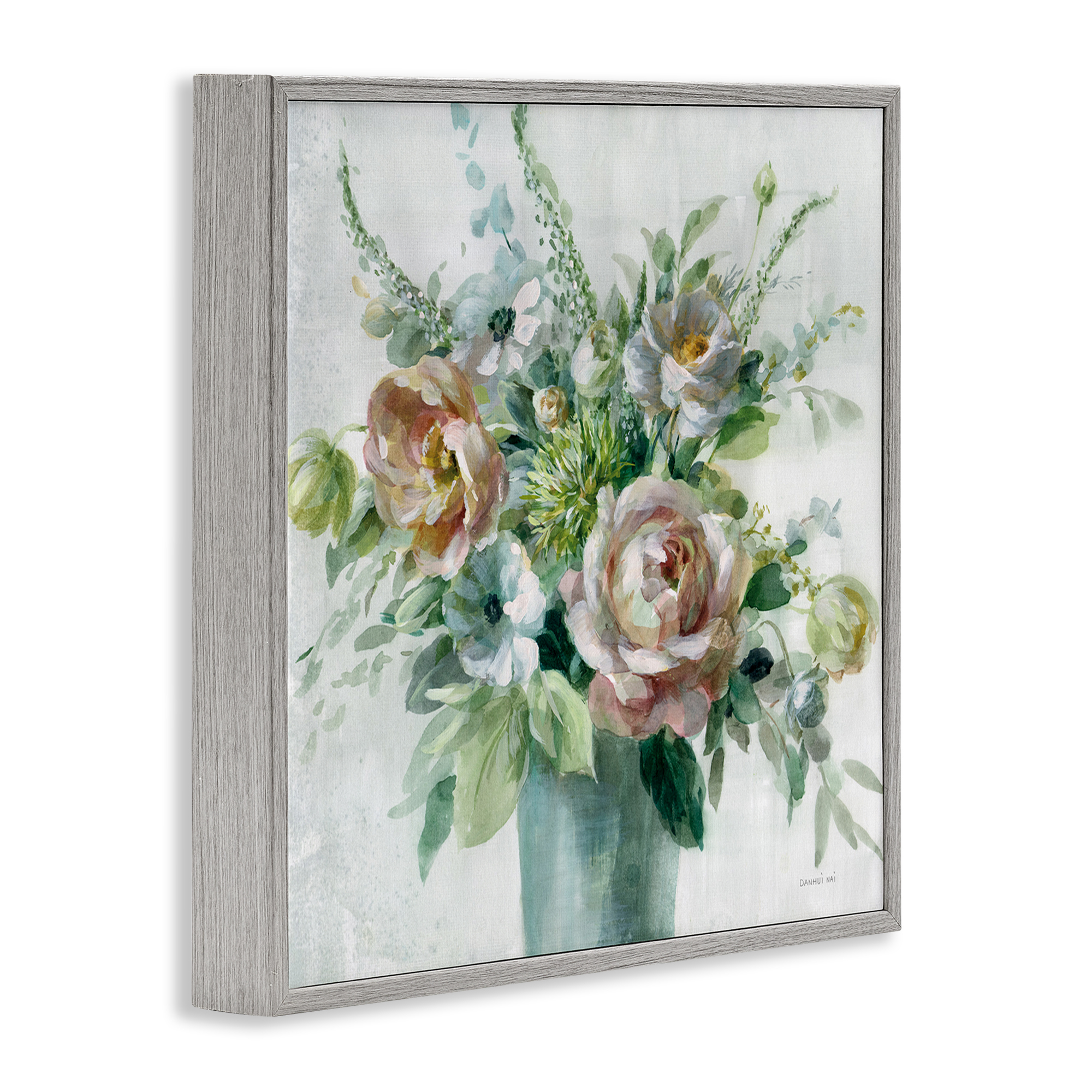 Stupell Industries Sage & Peach Blossoms Botanical & Floral Painting Gray Framed Art Print Wall Art, 17 x 17