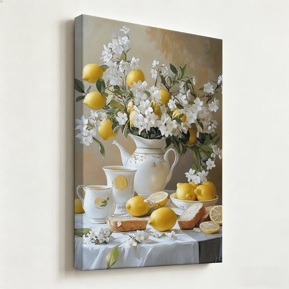 Vintage Lemon and Blossom Still Life Canvas Wall Art - Mediterranean Citrus Kitchen Oil Painting Print - Matte Finish Gallery Wrapped Rustic Dining Decor Ready to Hang 8*12