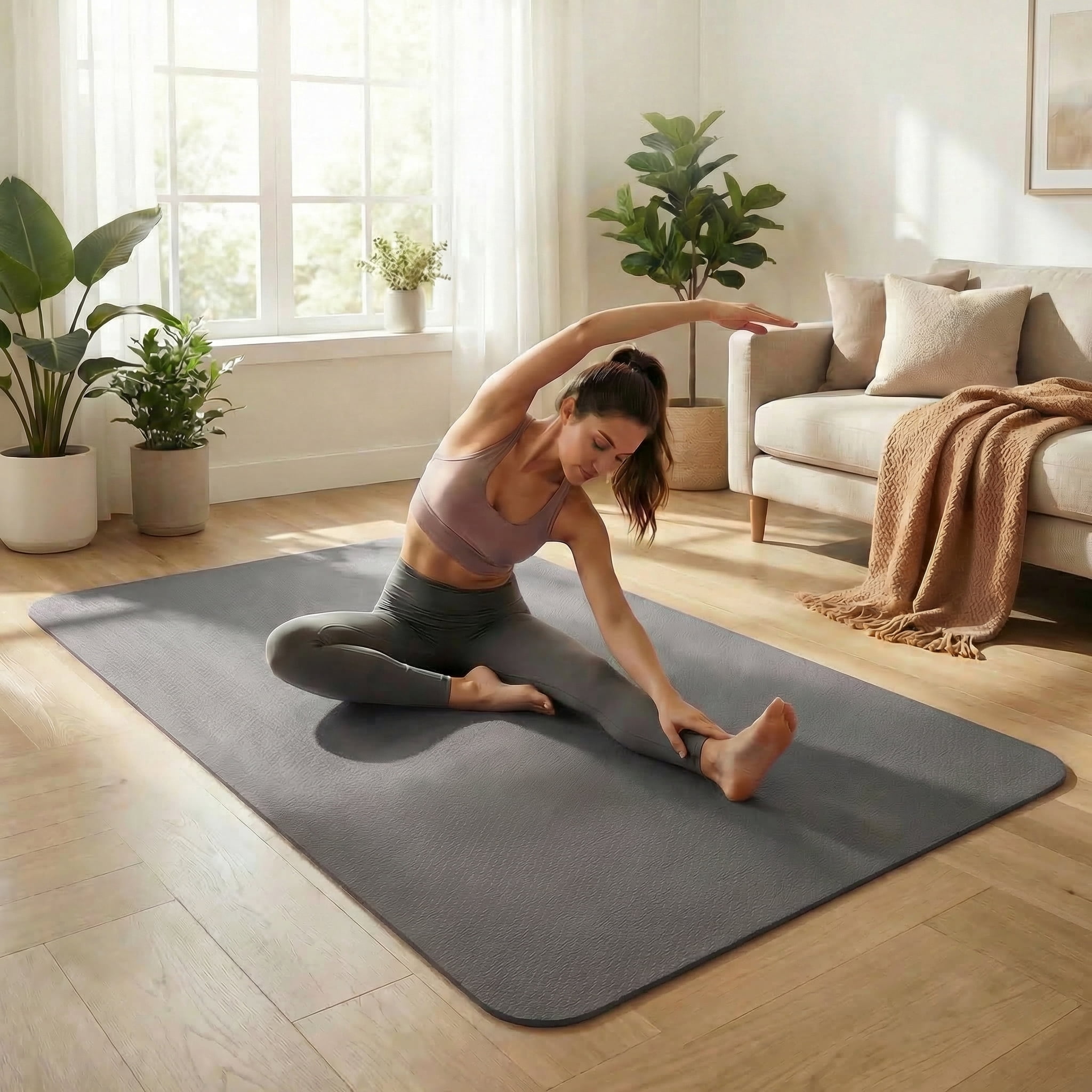FrenzyBird Large Yoga Mat 6'x4' (72"x48") 183x122cm, 1/4" & 1/3" Thick TPE Non-Slip Extra Wide Exercise Mat, Big Home Workout Mat for Yoga, Pilates, Gym & Floor Workouts for Women & Men（6mm Gray）