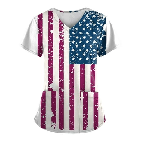 

Sksloeg Scrub Tops For Women Independence Day Top V-Neck Star Stripes Printed Color Block Workwear With Pockets Patriotic Shirts Nursing Working Uniform White XXXXXL