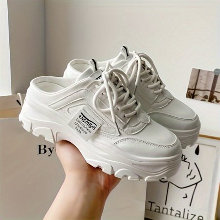 

Womens Fashionable Solid Hue Slip-On Sneakers - Ultra-Comfortable & Trendy Platform Shoes with Soft Round Toe & Lace-Up Detail for Casual Chic - Half Drag Slides Design